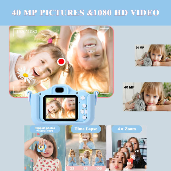 Barnekamera 2,0 tommers IPS-skjerm 1080P 40M HD-videokamera Kids digitalt dobbeltkamera 32 GB SD-kort pluss-leser Unicornblue