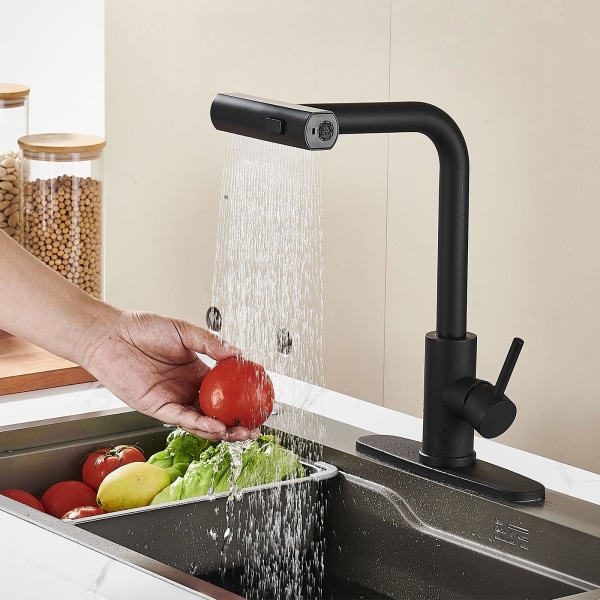 Køkkenarmatur med pull-down-sprøjte, vandfaldsrør med enkelt hul i rustfrit stål, kommercielt moderne enkeltgrebs køkkenvaskarmatur black