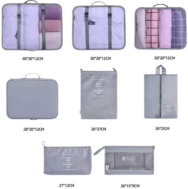 Supererbjudande till lågt pris! 8-pack Organizer Set för Resväskor, Förvaringsväskor, Packningskuber, Resepåsar, Presenter - Glad Grey