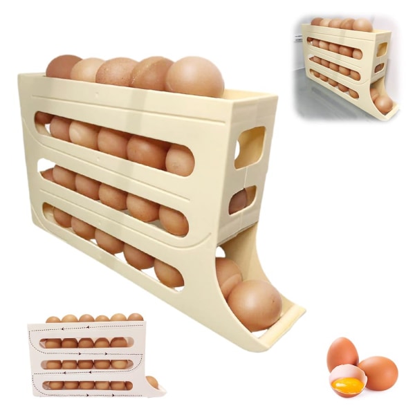 4 etagers ægholder til køleskab, automatisk rullende køleskab æggearrangør, 30 æg dispenser køleskab, pladsbesparende æg dispenser holder Yellow