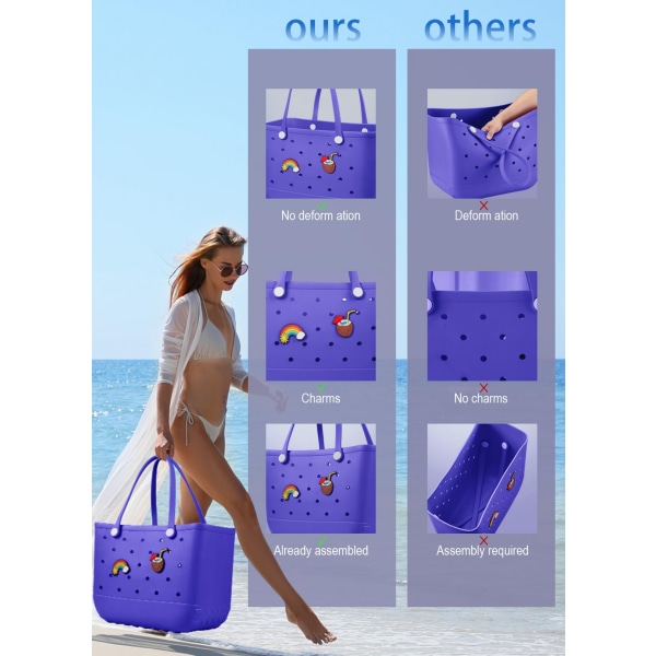 Beach Bag Gummi Tote Bag - Vandtæt rejsetaske til kvinder Vaskbar Tote Bag Håndtaske til Sports Beach Market Pool Purple large