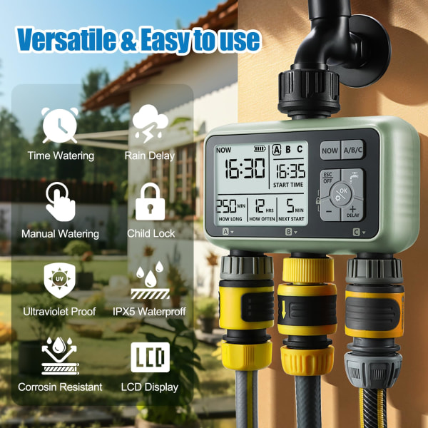 Vanning Timer, Sprinkler Timer Programmerbar Hage Utendørs Slangekran Timer med Regnforsinkelse/Manuell/Automatisk Vanningssystem