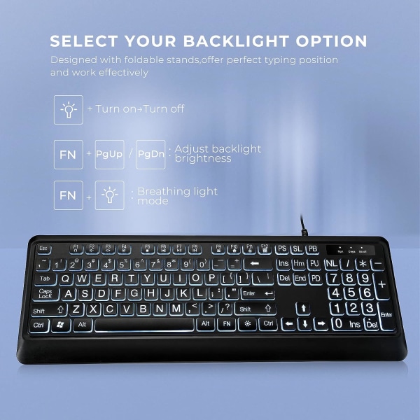 Bakgrunnsbelyst tastatur i full størrelse - Stillegående USB-kablet, stor utskrift, hvit LED opplyst for Windows-stasjonære, bærbare datamaskiner, PC-spill