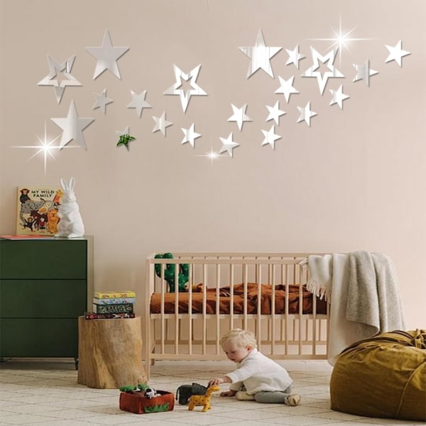 19 stk stjerner Akryl speil veggklistremerker 4 størrelser stjerner klistremerker med selvklebende kunstdekor 3D veggdekorasjoner for baby barn soverom hjemme DIY dekor