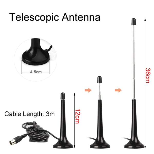 TV-antenn inomhus, DAB FM-radioantenn Teleskopisk FM-antenn, med magnetisk bas och 3 meter förlängningskabel, bärbar tv-antenn