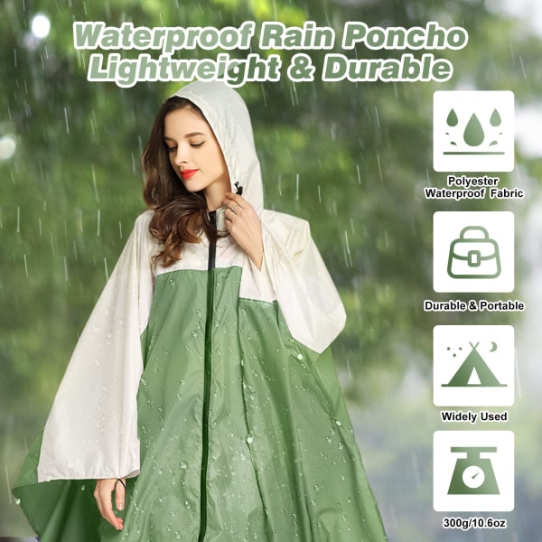 Letvægts vandtæt regnponcho til kvinder mænd, vindtæt genanvendelig Ripstop åndbar regnfrakke med hætte fri størrelse Green