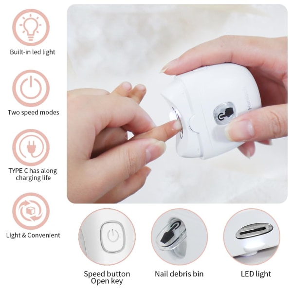 Automatisk elektrisk nagelklippare med 3-hastighetsnivåer och förvaring av nagelklämmor, LCD-ljus, säkerhetsnagelklippare, USB uppladdningsbar White