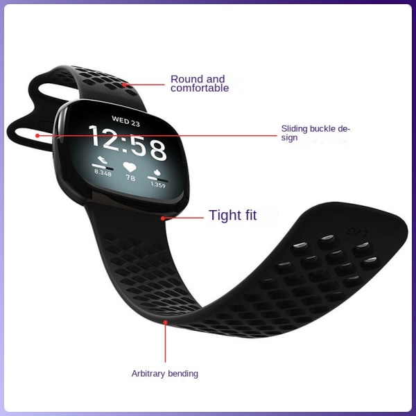 Sports silikonrem med TPU Hollow Design för Fitbit Versa 3 och Sense Smartwatches navy blue L large size