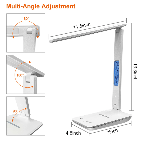 Skrivebordslampe med trådløs oplader, USB-opladningslampe, dæmpbart ur, alarm, dato, temperatur, foldbar bordlampe White UK Plug
