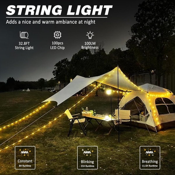 1-Pack Camping String Light m/Lampe, 32,8FT Genopladeligt Vandtæt LED Hængelys til Udendørs Camping Markise Telt Havefest Festival Dekoration RGB color light 7 meters