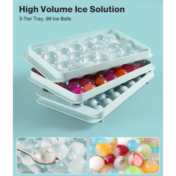 Stablebart, rundt isbitbrettsett - Lag 99 iskuler, lettløselige og solide frysebrett - ideell for drinker, kaffe, cocktailer