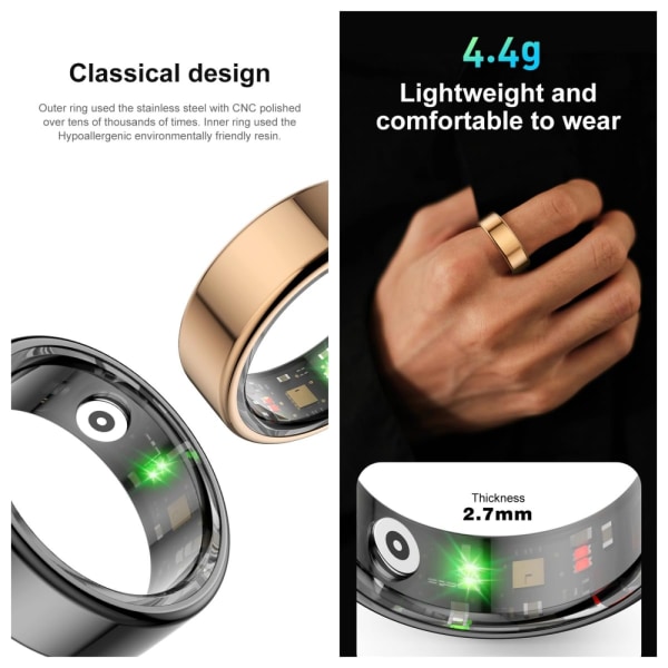 Smart Ring för män, Fitness Tracker för kvinnor - Sömnspårning Bärbar - Puls - Blodsyre - IP68 Vattentät, kompatibel med Android och iOS H11