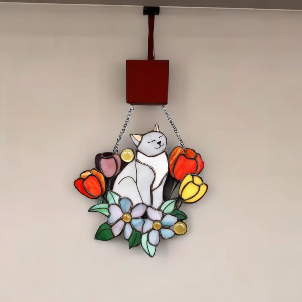 Käsintehty Cat Suncatcher -sisustus - Ripustettava lasimaalaus kissan ystäville, 16 cm kissan koriste a5