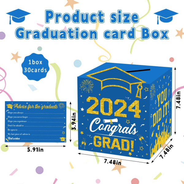 2024 examenskortlåda med 30 kort Klass av examensfestdekorationer Önskekortslåda Grattis Grad Cardholder Favors Supplies Turquoise