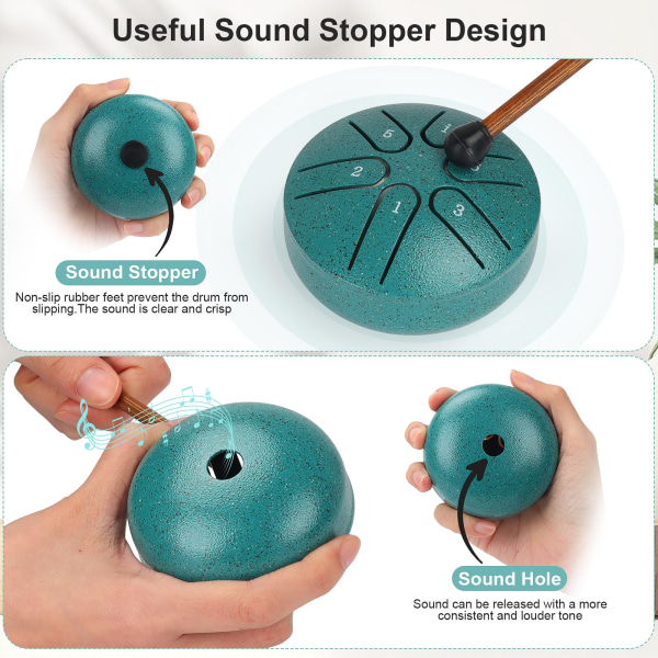 Regntromme for utvendig, ståltungetromme regnklokke, regntrommeinstrument, vanntett, 3 tommer 6 noter, minihåndtrommel Green