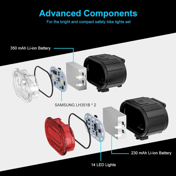 Oppladbart sykkellyssett Super Bright - USB Oppladbart 350 Lumen Super Bright vanntett sykkellys foran og bak LED-baklys a3