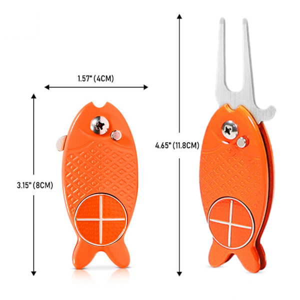 Fisk Design Golf Divot Reparationsverktøy, Foldbart med Pop-up Knapp og Magnetisk Ballmarkør Pitch Mark, Lett, Bærbar, Mini Orange