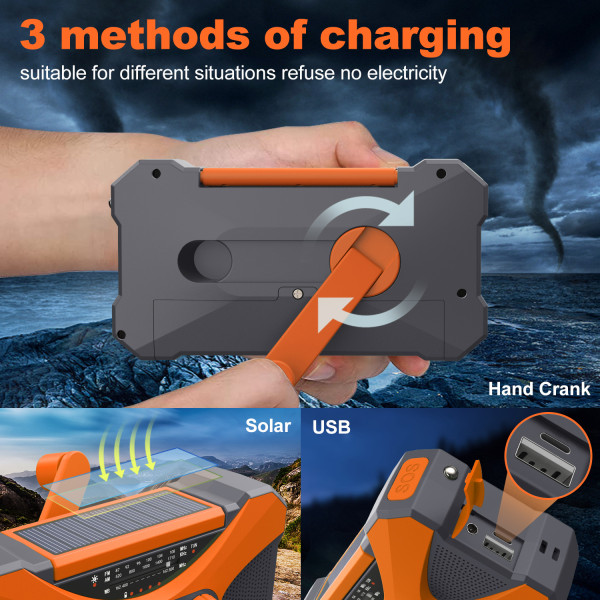 Emergency Solar Hand Crank Radio - 10000mAh Power Bank, AM/FM/NOAA väderradio, telefonladdare, ficklampa (orange) orange color