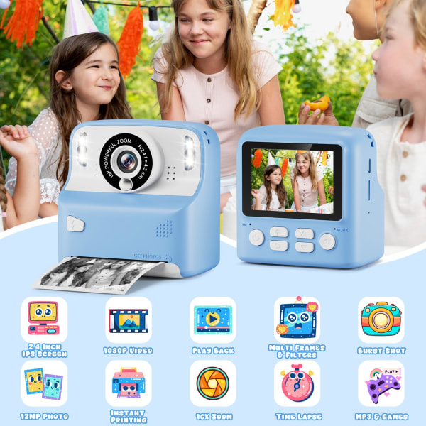 Kids Camera Instant Print, 1080P Instant Camera, 2,4" skärm barnkamera med 32 GB kort 3 rullar print Purple