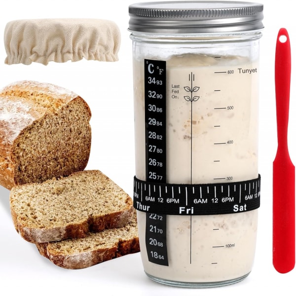 Sourdough-aloituspakkaus: Sisältää purkin, syöttönauhan, lämpömittarin ja kaavin – täydellinen leivänpaistamiseen