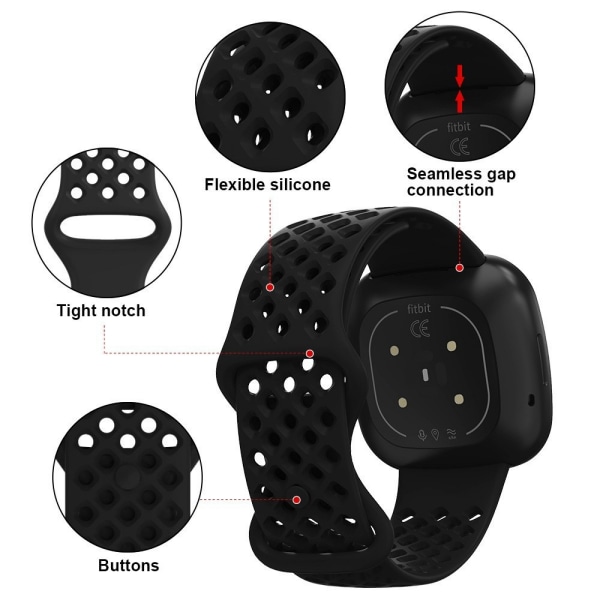Sports silikonrem med TPU Hollow Design för Fitbit Versa 3 och Sense Smartwatches black L large size