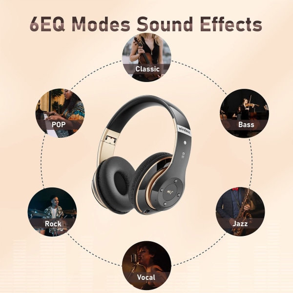 Bluetooth -hörlurar, 6S trådlösa hörlurar med 6 EQ-lägen, 40 timmars speltid, hopfällbara HiFi-stereohörlurar med mikrofon för telefon/dator/jobb black gold