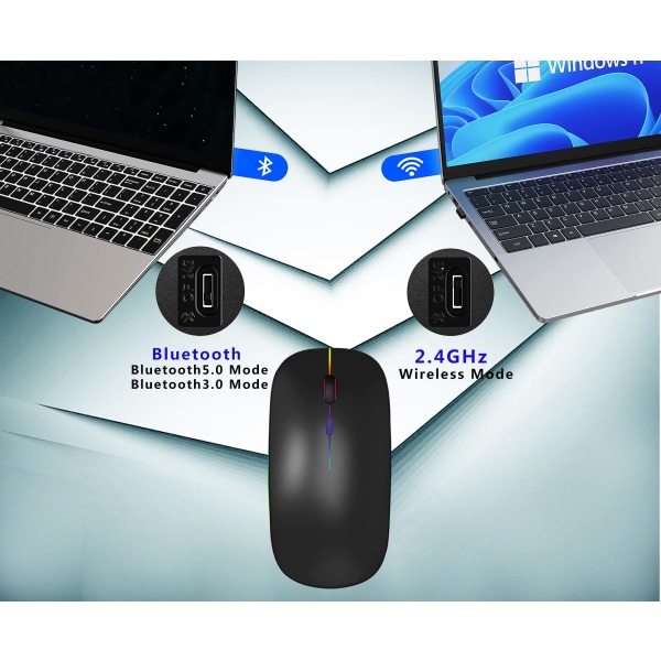 Uppladdningsbar trådlös Bluetooth mus - LED, Tyst, Dual Mode för Apple Laptop, iPad, Desktop a2