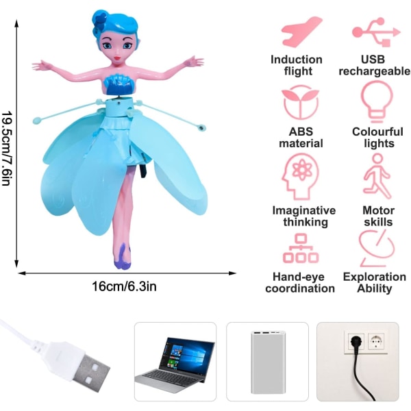 Flygande skimrande älvor Leksak - Crystal Flyers Regnbågsglitter, USB Magic Pixie Flying Fairy. Indoor Sky Dancers Princess Doll för förtrollande nöje pink