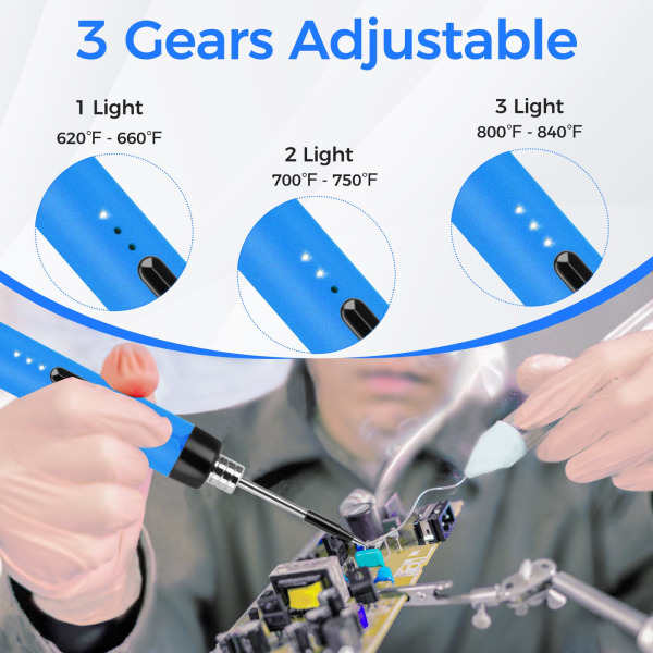 Trådløst loddekolbesæt - USB-loddekolbe temperaturjusterbar, med loddespidser, loddekolbeholder, loddetråd, loddepasta blue