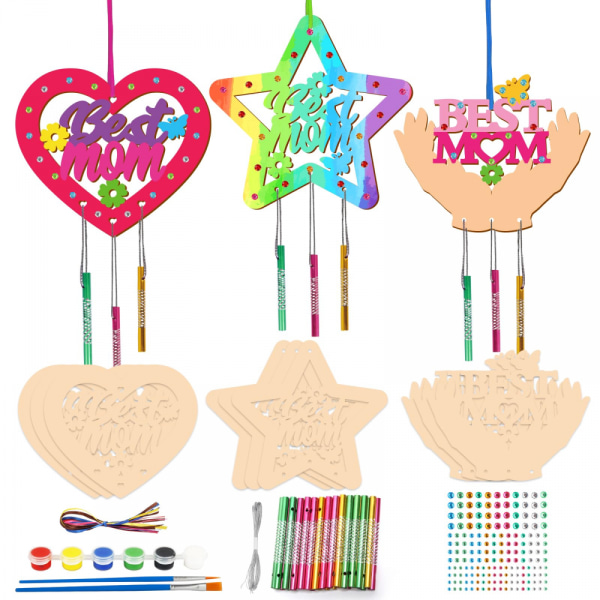Tee-se-itse äitienpäivän tuulikellosarja lapsille - puinen taide- ja set, väritystoimintaa äidin syntymäpäiväkoristeisiin ja lahjoihin 12 pieces