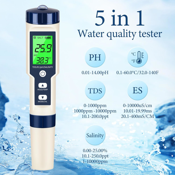 5-i-1 digital vandtester: pH, TDS, saltholdighed, temperatur, EC-måler - LCD-baggrundsbelyst, ideel til drikkevand og mere