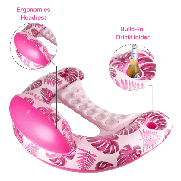 Pool Float med baldakin, kopholder - Poolstol Lounge Float med justerbar solskærm, drikkeholder, ergonomisk nakkestøtte pink