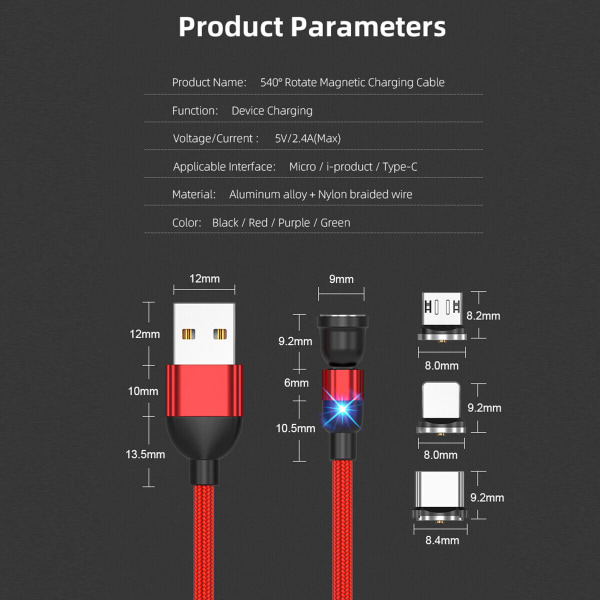 360 magneettinen latauskaapeli 360° kääntyvä puhelinlaturiin nopeasti 2M Red