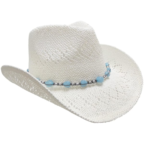 Naisten olki Cowboy-hattu helmillä ja muokattavalla reunalla White
