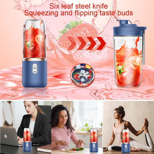 Bärbar blender 350 ml, flaska för smoothiesshakes, portabel blender, läcksäkert lock, USB laddningsbar med 6 blad Blue