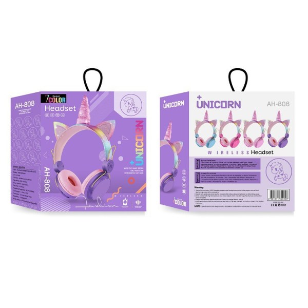 Barn Bluetooth hörlurar för flickor Barn Tonåringar, LED Light Up Trådlöst/trådbundet läge Unicorn-hörlurar Purple