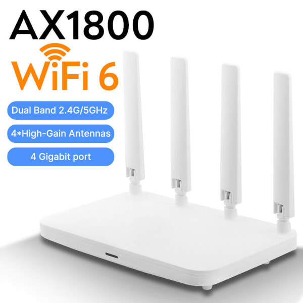 Dual Band Wifi Router 2,4G/5Ghz AX1800 Wifi 6 Internetrouter, 4 externa antenner för att streama musik, ladda upp bilder EU Plug