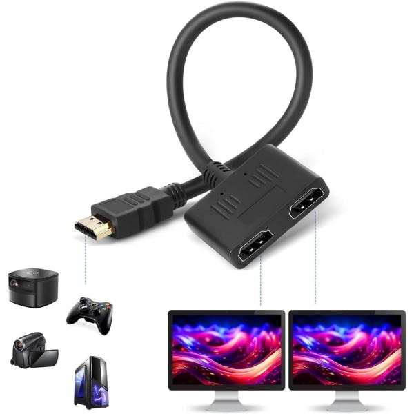 HDMI splitter - 1 i 2 ut adapterkabel, 1080P dobbel HDMI hun-til-hann-konverter for TV, LCD - støtter samtidig video- og lydoverføring