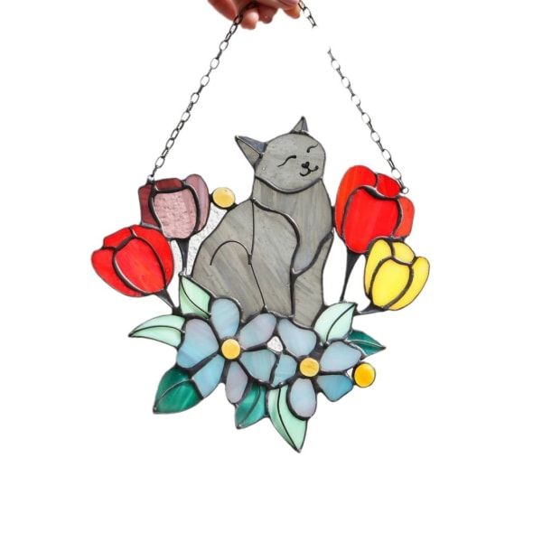 Käsintehty Cat Suncatcher -sisustus - Ripustettava lasimaalaus kissan ystäville, 16 cm kissan koriste a1