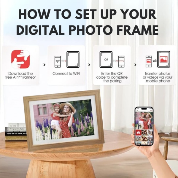 Wi-Fi digital fotoram, 10,1 tums digital bildram, 32 GB minne, dela foton och videor direkt via Frameo-appen UK Plug