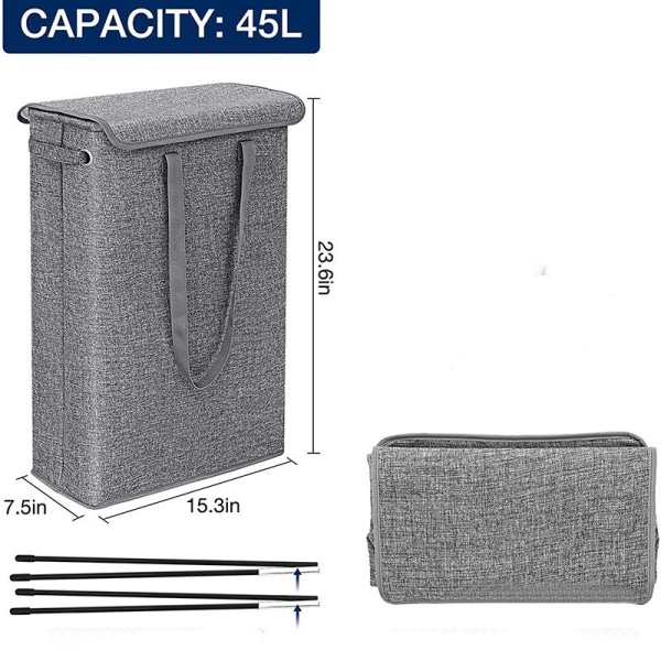 Smal tvättkorg med lock - tunn hämmare Andningsbar, hopfällbar tvättpåsar Stor förvaringskorg för klädtvätt Grey