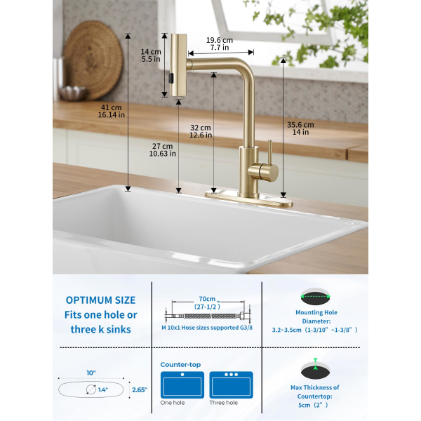 Kultainen keittiöhana alas vedettävällä ruiskulla: vesiputous, ruostumaton teräs, yksikahva, 3 toimintoa
