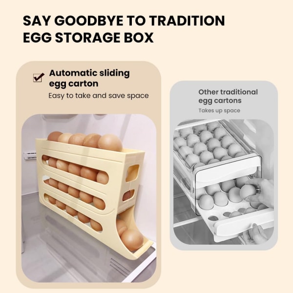 4 etagers ægholder til køleskab, automatisk rullende køleskab æggearrangør, 30 æg dispenser køleskab, pladsbesparende æg dispenser holder Gray