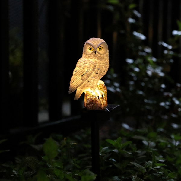 Häikäisevät Owl-aurinko-LED-valot pylväällä - Vedenpitävä hartsipuutarhasisustus ulkopihapolulle, patiolle, nurmikolle - Lintuja hylkivä White