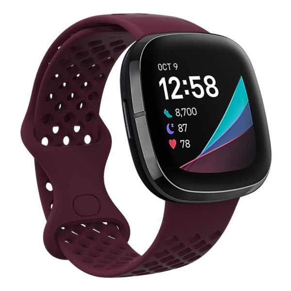 Sports silikonrem med TPU Hollow Design för Fitbit Versa 3 och Sense Smartwatches wine red L large size