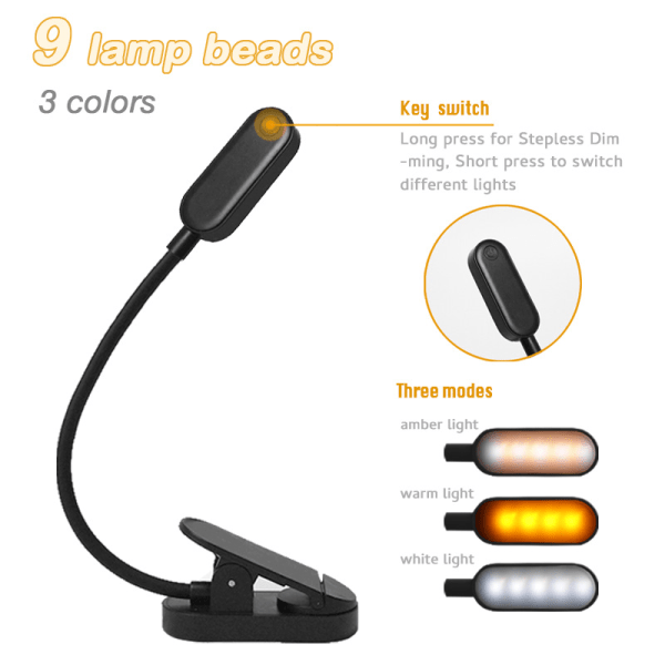 Uppladdningsbar USB LED-bordslampa med peksensor, 360° flexibel läslampa med clip-on för böcker, säng, surfplatta - Perfekt för svenska läsare! BLACK