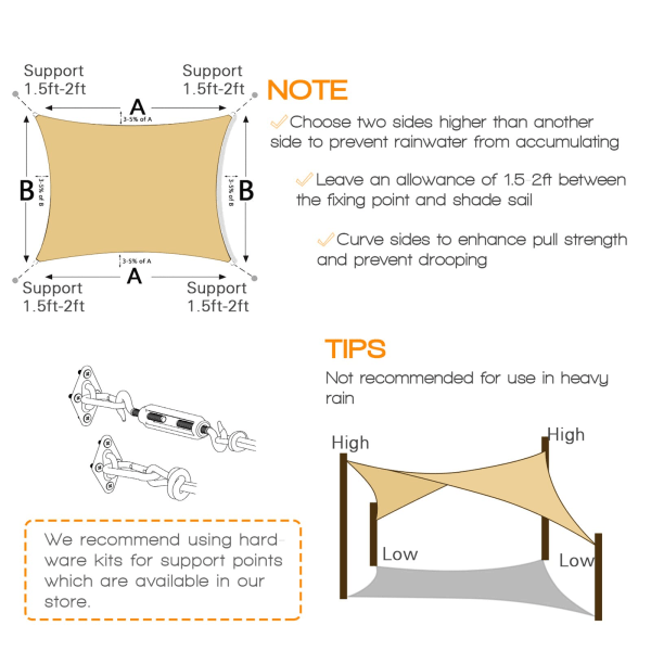 Solskygge Seil Buet Kommersiell Utendørs Skygge Deksel Rektangel Kraftig permeabel Bakgård Skygge Duk for Patio Garden Beige 2×2M