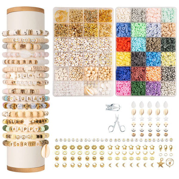 Perler til trådning, sæt med over 8.000 stykker, lerperler til armbånd, med bogstaver, smykkefremstillingskit til ringe, halskæder