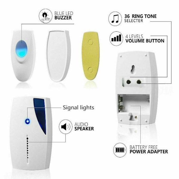 Trådløs dørklokke med 36 melodier, vanntett, 100 m rekkevidde, batteridrevet