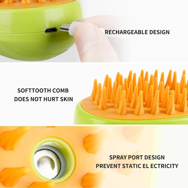 Steamy Cat Brush - 3-i-1 självrengörande borste för massage - Uppladdningsbar silikonborste för husdjur för hårborttagning (grön)
